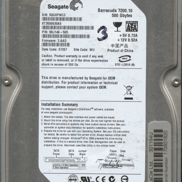 ST3500630AS 9BJ146-505 3.AAD 5QG0P 500GB HDD