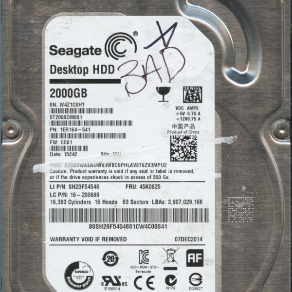 ST2000DM001 1ER164-541 CC61 W4Z1C 2TB HDD