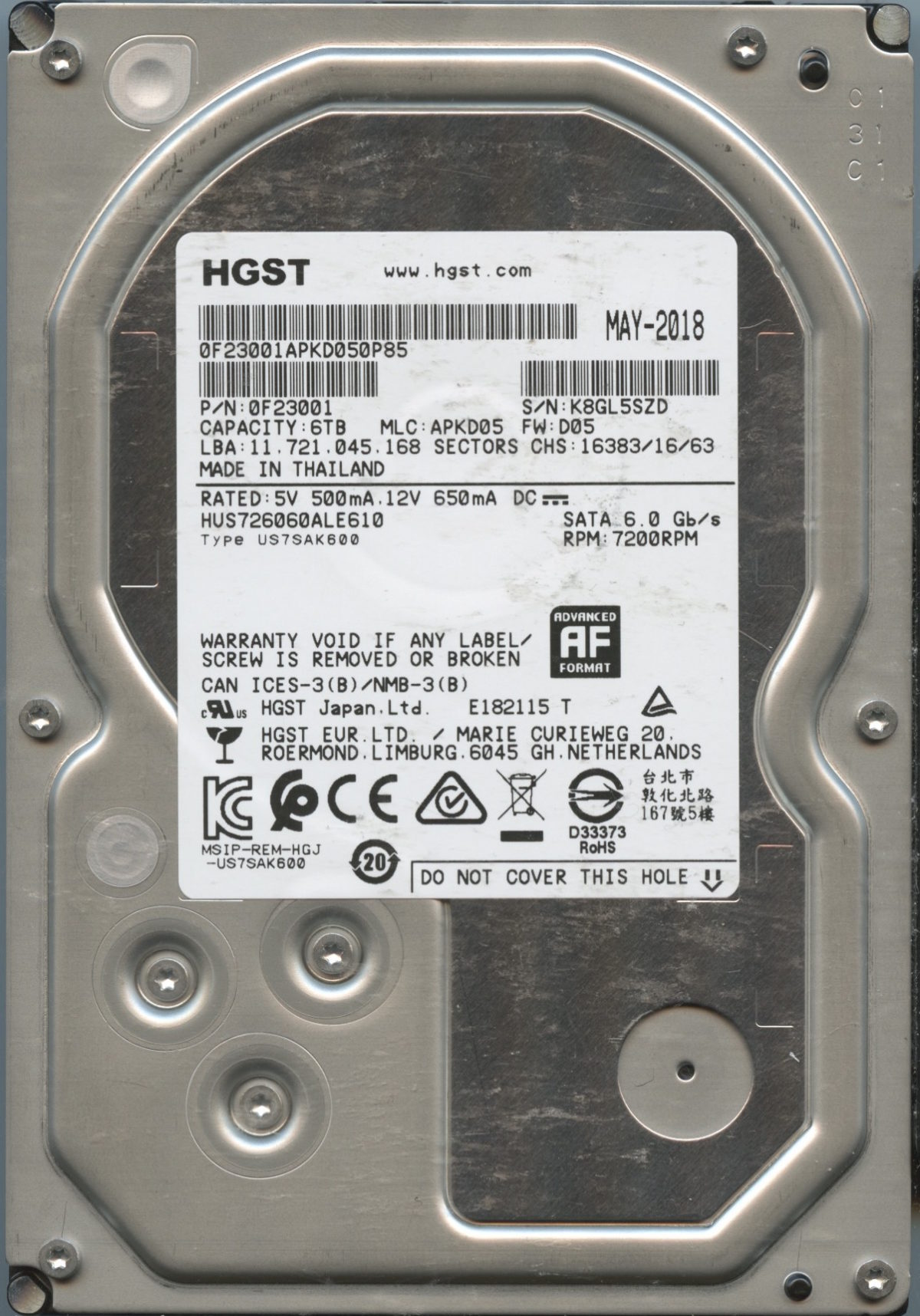 HUS726060ALE610 0F23001 APKD05 6TB HDD