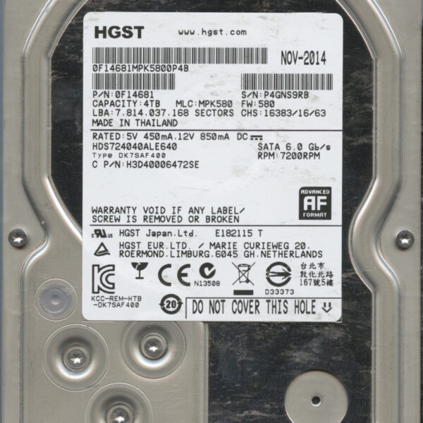 HDS724040ALE640 0F14681 MPK580 4TB HDD