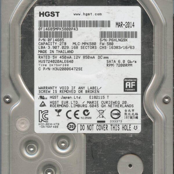 HUS724020ALE640 0F14685 MPK580 2TB HDD