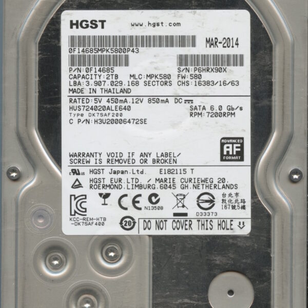 HUS724020ALE640 0F14685 MPK580 2TB HDD