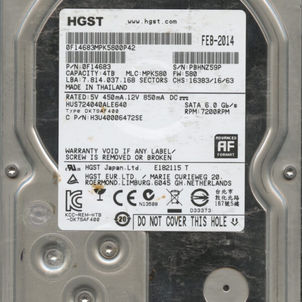 HUS724020ALE640 0F14683 MPK580 4TB HDD