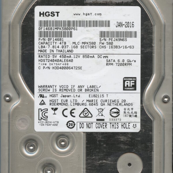 HDS724040ALE640 0F14684 MPK580 4TB HDD