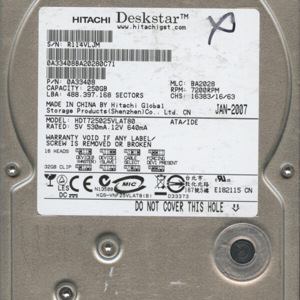 HDT725025VLAT80 0A33408 BA2028 250GB HDD