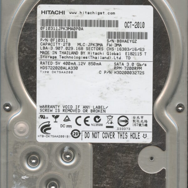 HDS722020ALA3300F10311 JPK3MA 2TB HDD