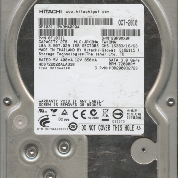 HDS722020ALA330 0F10311 JPK3MA 2TB HDD