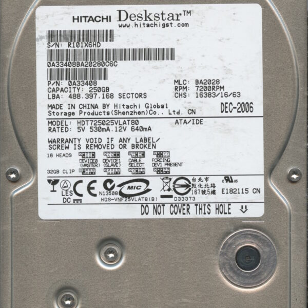 HDT725025VLAT80 0A33408 BA2028 250GB HDD