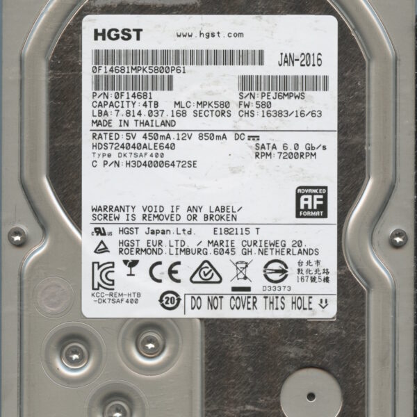 HDT724040ALE640 0F14681 MPK580 4TB HDD