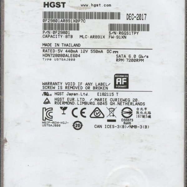 HDN728080ALE604 0F29801 AR891X 8TB HDD