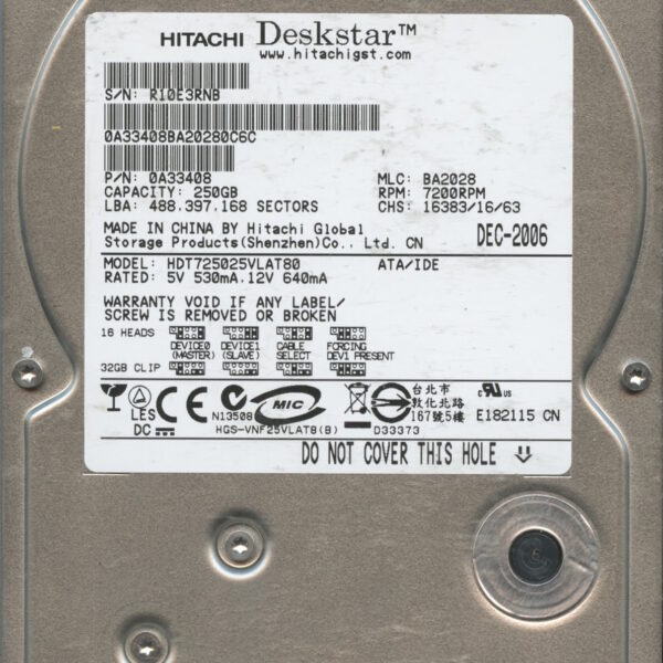 HDT725025VLAT80 0A33408 BA2028 250GB HDD