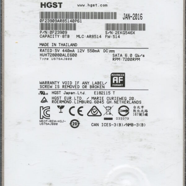 HUH728080ALE600 0F23909 AR8514 8TB HDD