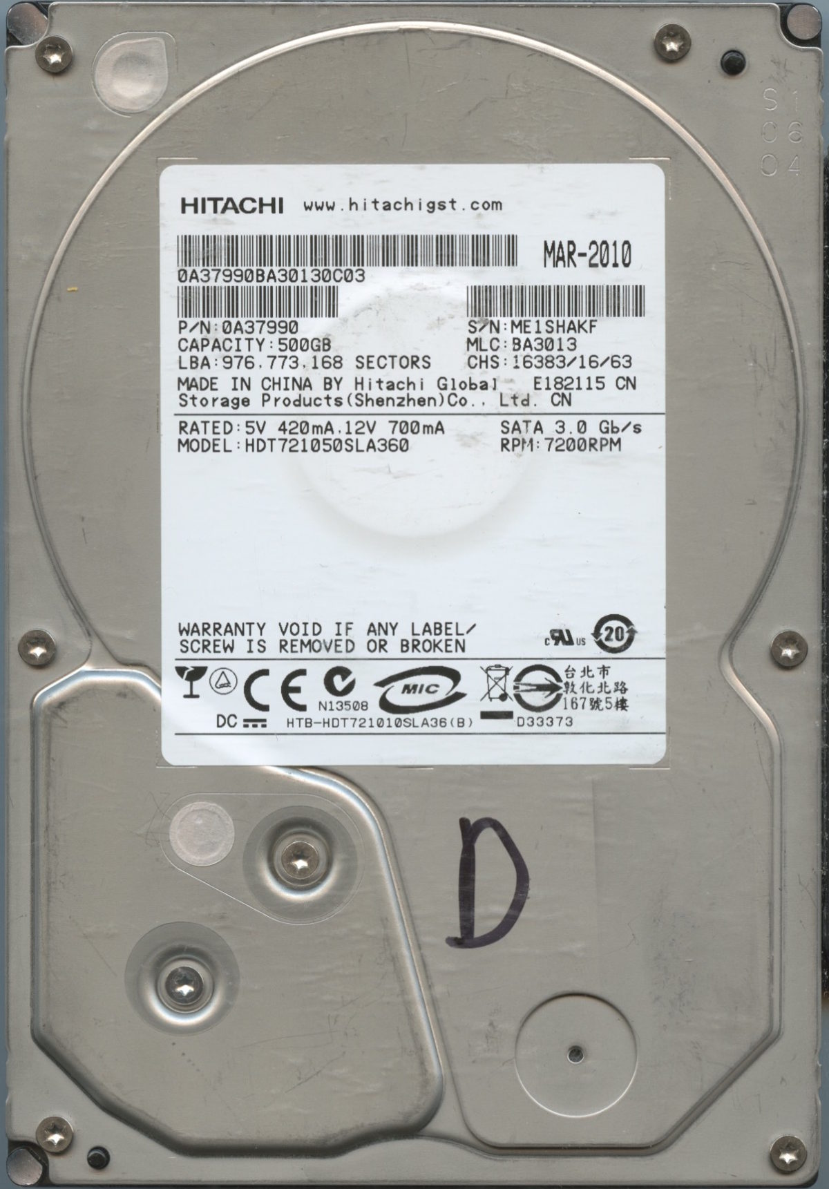 HDT721050SLA360 0A37990 BA3013 500GB HDD