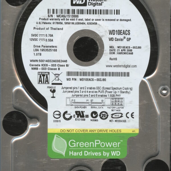 WD10EACS-00ZJB0 WCASJ 04:08 WESTERN DIGITAL 1TB HDD