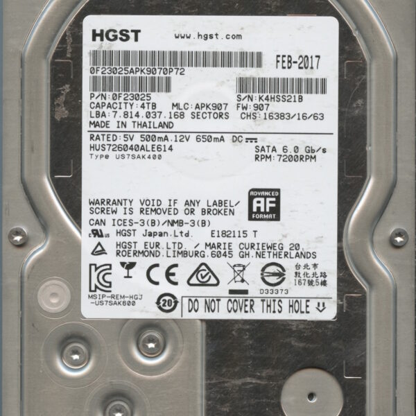 HGST HUS726040ALE614 0F23025 APK907 THAILAND 02:17 320GB HDD