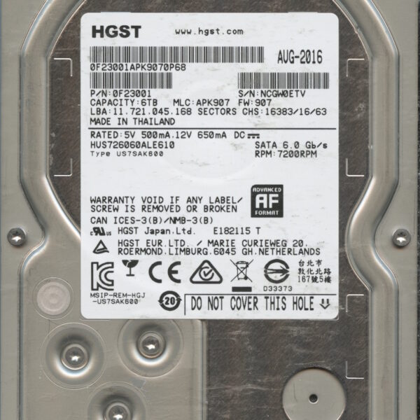 HGST HUS726060ALE610 0F23011 APK907 THAILAND 08:16 6TB HDD