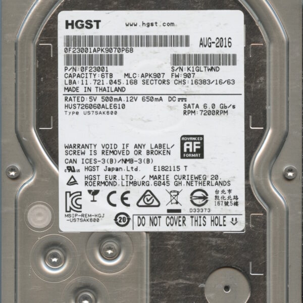 HGST HUS726060ALE610 0F23001 APK907 THAILAND 08:16 6TB HDD