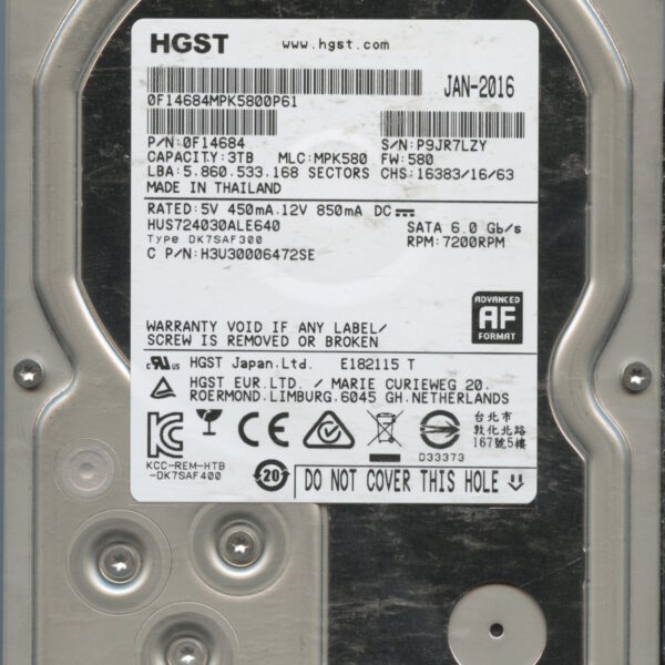 HGST HUS724030ALE640 0F14684 MPK580 THAILAND 01:16 3TB HDD