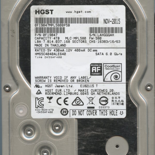 HGST HMS5C4040ALE640 0F19847 MPL580 THAILAND 11:15 4TB HDD