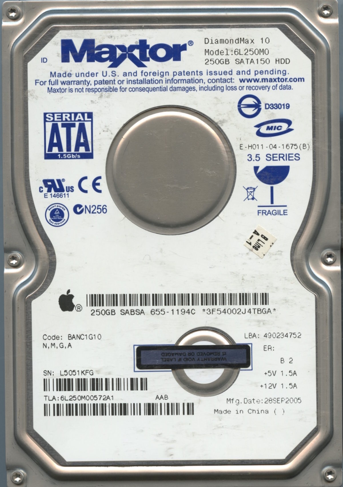 HGST 6L250M0 250GB BANC1G10 N,M,G,A 655-1194C HDD