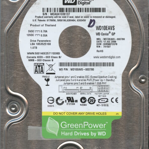 WD10EAVS-00D7B0 WCAU4 1TB 07:08 WESTERN DIGITAL HDD