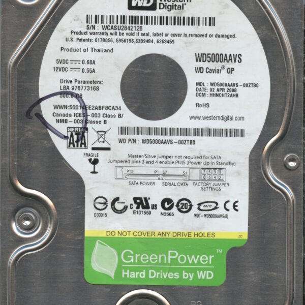 WD5000AAVS-00ZTB0 WCASU 500GB 04:08 WESTERN DIGITAL HDD