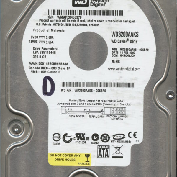 WD3200AAKS-00SBA0 WMAPZ 320GB 02:07 WESTERN DIGITAL HDD