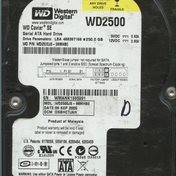 WD2500JS-98MHB0 WMANK 250GB 09:05 WESTERN DIGITAL HDD