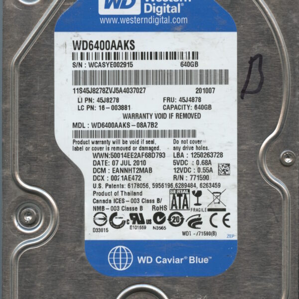 WD6400AAKS-08A7B2 WCASY 640GB 07:10 WESTERN DIGITAL HDD