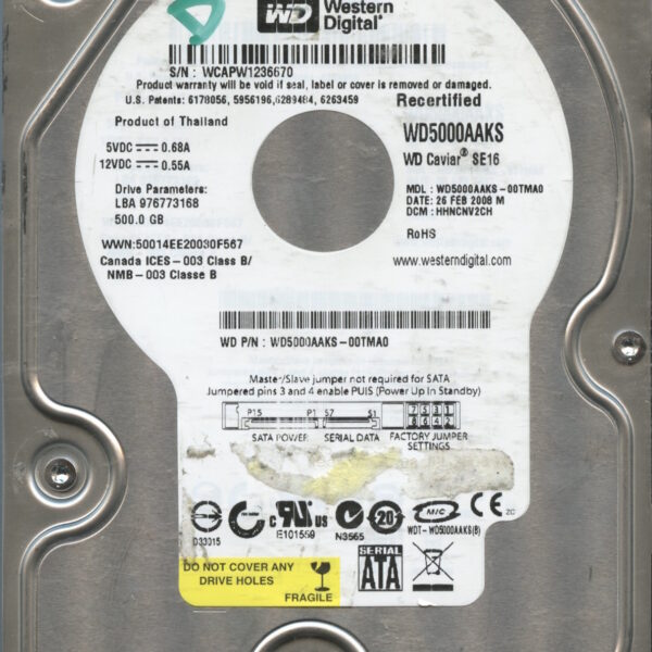 WD5000AAKS-00TMA0 WCAPW 500GB 02:08 WESTERN DIGITAL HDD