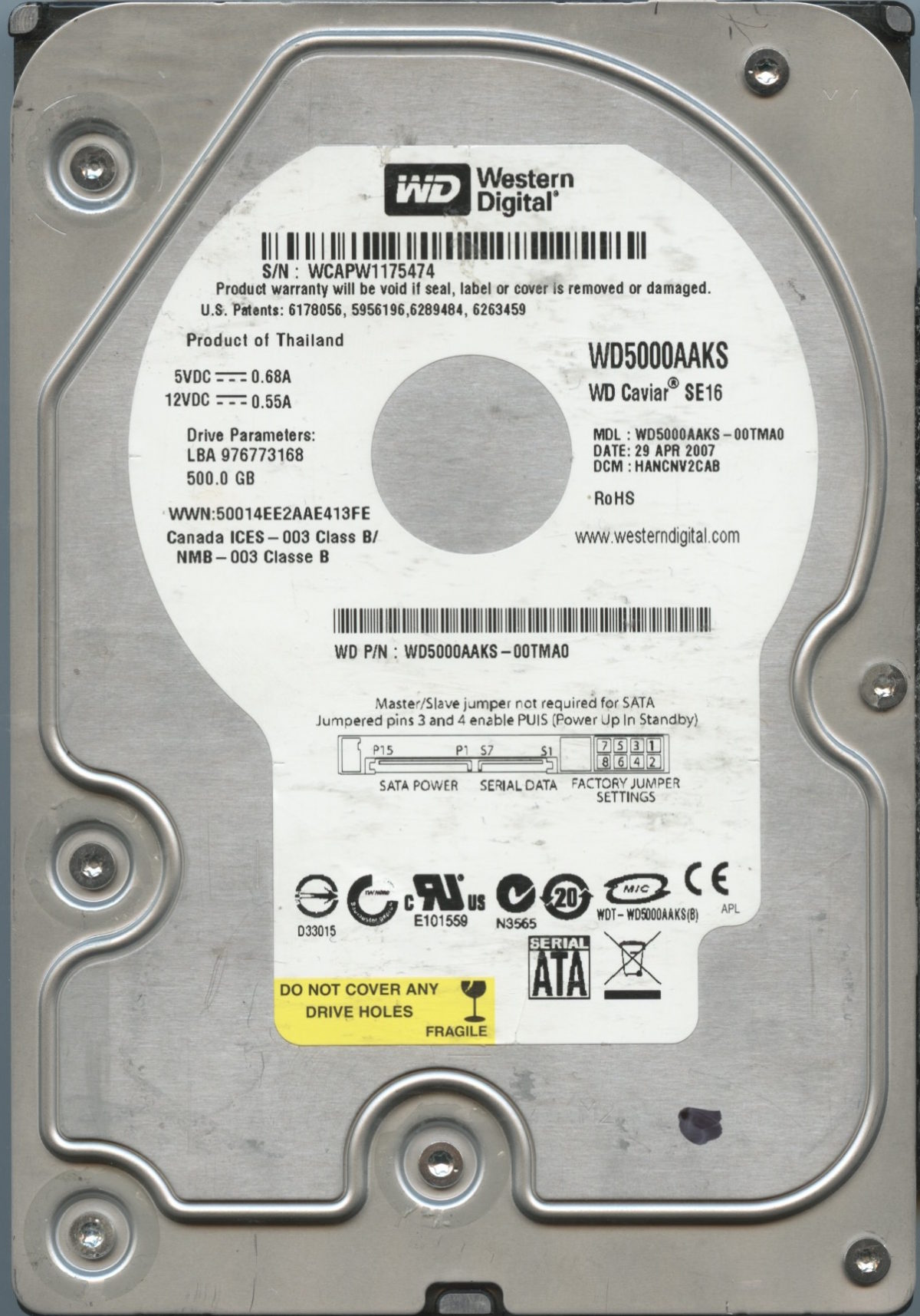 WD5000AAKS-00TMA0 WCAPW 500GB 04:07 WESTERN DIGITAL HDD