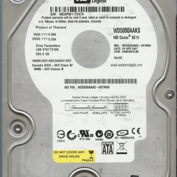 WD5000AAKS-00TMA0 WCAPW 500GB 04:07 WESTERN DIGITAL HDD