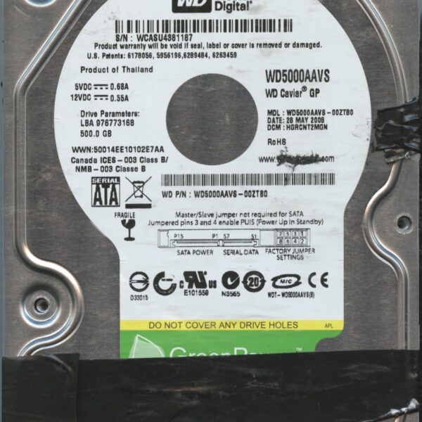 WD5000AAVS-00ZTB0 WCASU 500GB 05:08 WESTERN DIGITAL HDD