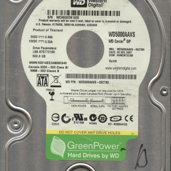 WD5000AAVS-00ZTB0 WCASU 500GB 12:07 WESTERN DIGITAL HDD