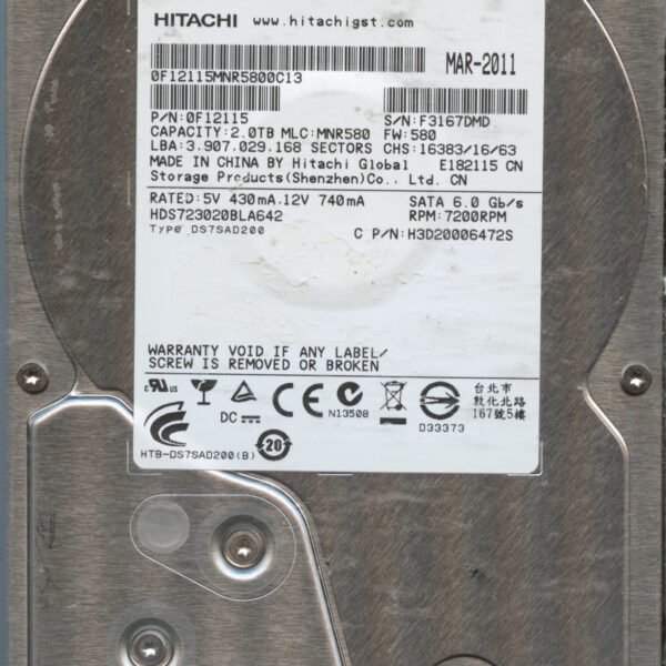 HITACHI HDS723020BLA642 0F12115 MNR580 2TB HDD