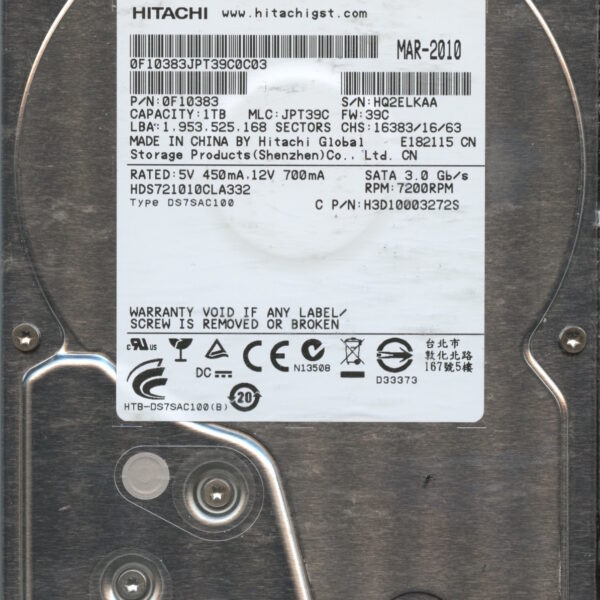 HITACHI HDS721010CLA332 0F10383 JPT39C 1TB HDD