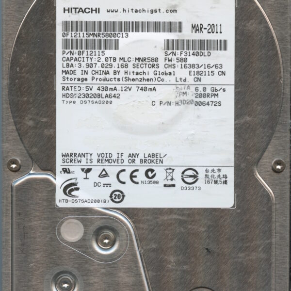 HITACHI HDS723020BLA642 0F12115 MNR580 2TB HDD