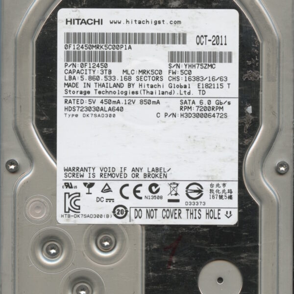 HITACHI HDS723030ALA640 0F12450 MRK5C0 3TB HDD