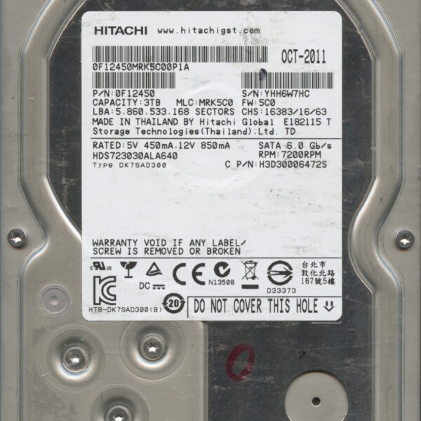 HITACHI HDS723030ALA640 0F12450 MRK5C0 3TB HDD