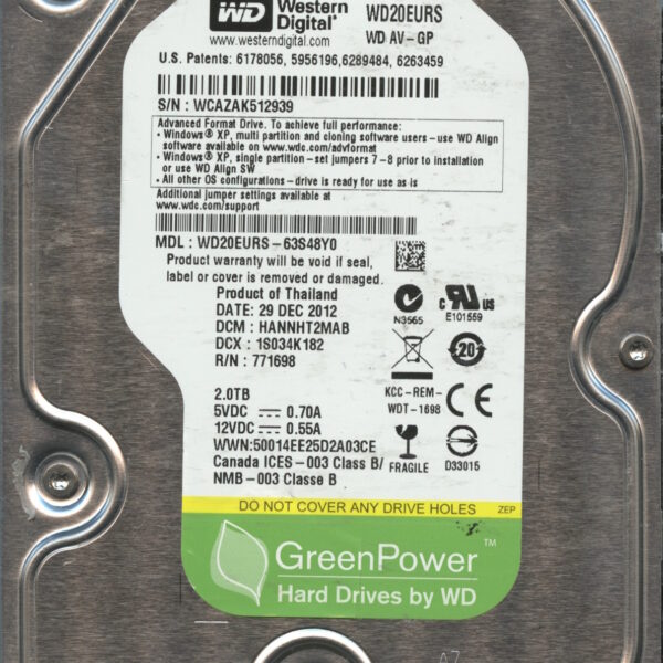 HITACHI WD20EURS-63S48Y0 WCAZA 12:12 WESTERN DIGITAL 2TB HDD