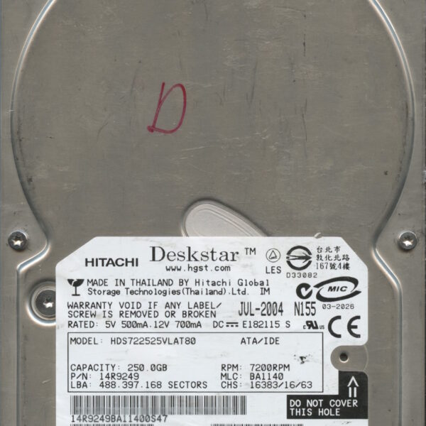 HITACHI HDS722525VLAT80 14R9249 BA1140 250GB HDD