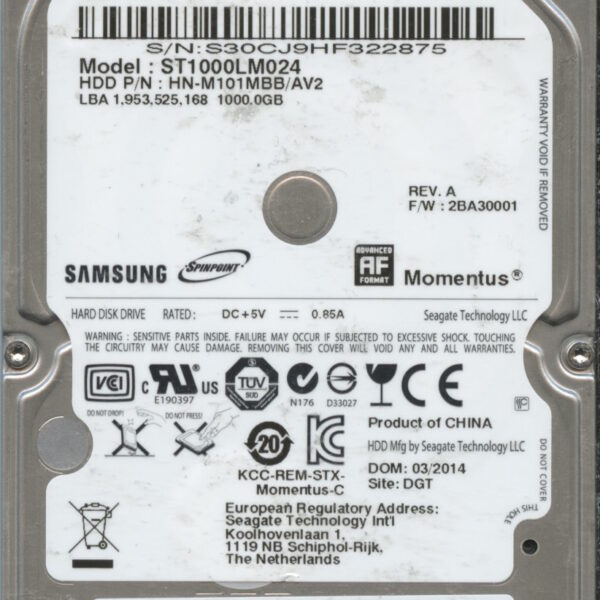 ST1000LM024 HN-M101MBB:AV2 2BA30001 F1823-G94A-AGGHK 1TB HDD