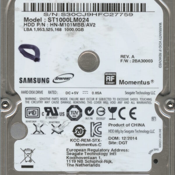 ST1000LM024 HN-M101MBB:AV2 2BA30003 F5203-G941-BR2U8 F1983-G94A-AF9AG 1TB HDD