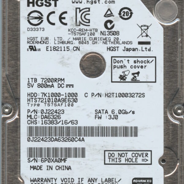 HGST HTS721010A9E630 0J22423 DA6326 CHINA 10:14 1TB HDD