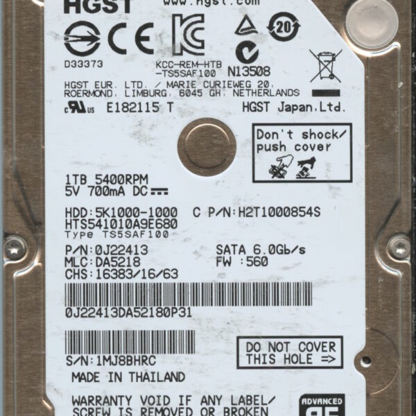 HGST HTS541010A9E680 0J22413 DA5218 THAILAND 01:13 1TB HDD