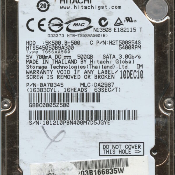 HGST HTS545050B9A300 0A70345 DA2987 THAILAND 12:10 500GB HDD