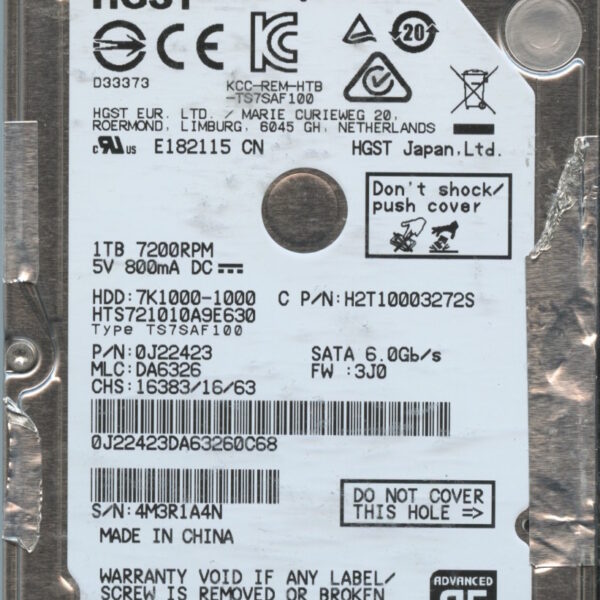 HGST HTS721010A9E630 0J22423 DA6326 CHINA 08:16 1TB HDD