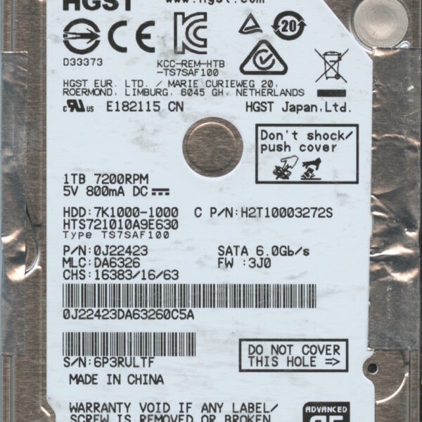 HGST HTS721010A9E630 0J22423 DA6326 CHINA 10:15 1TB HDD