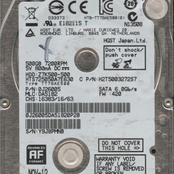 HGST HTS725050A7E630 0J26005 DA5182 THAILAND 11:12 500GB HDD