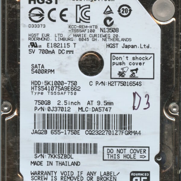 HGST HTS541075A9E662 0J37012 DA5747 THAILAND 06:13 750GB HDD